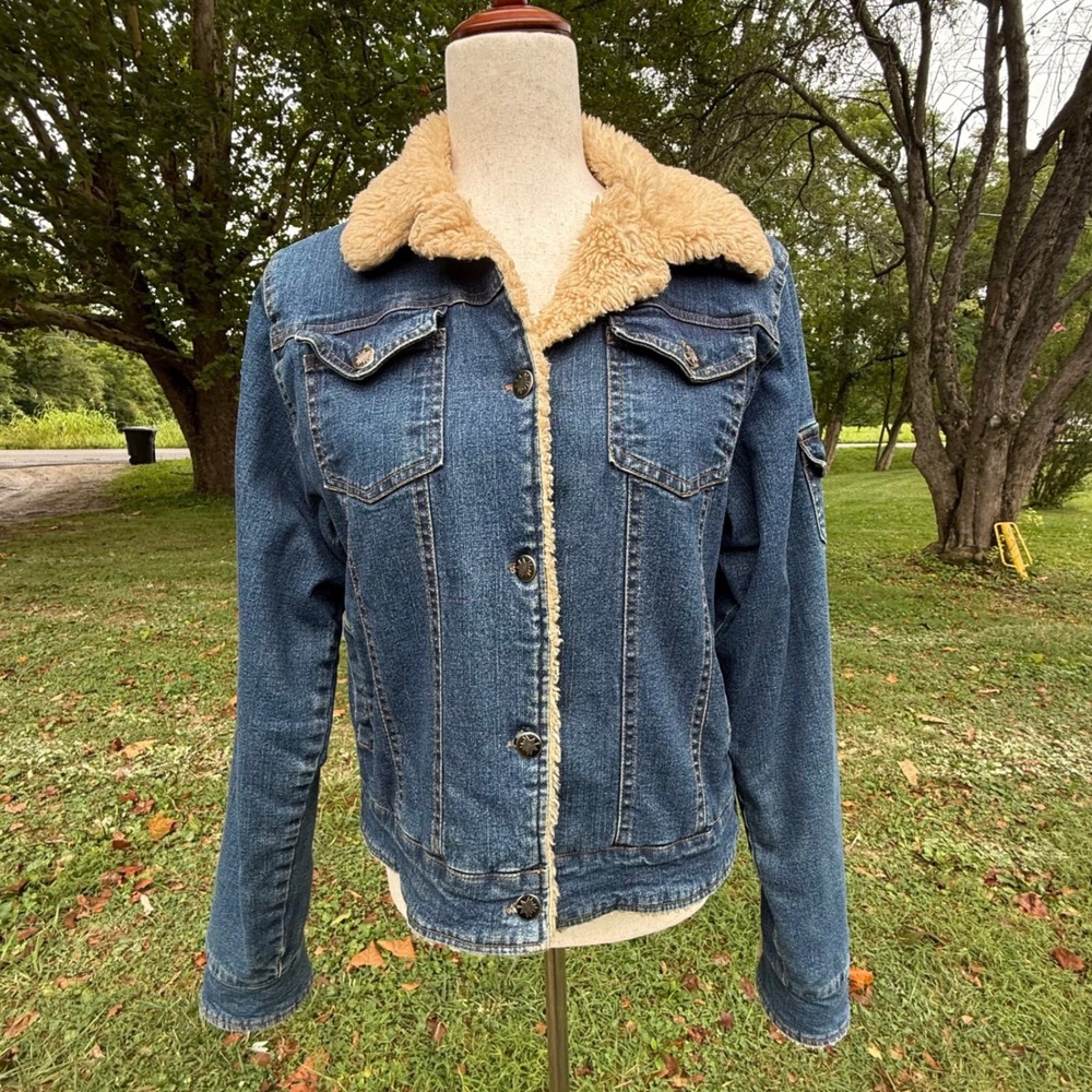 Zizibeh Womens Denim Trucker Jacket XL Blue Faux Fur Trim Quilted Lined Y2K 90s
